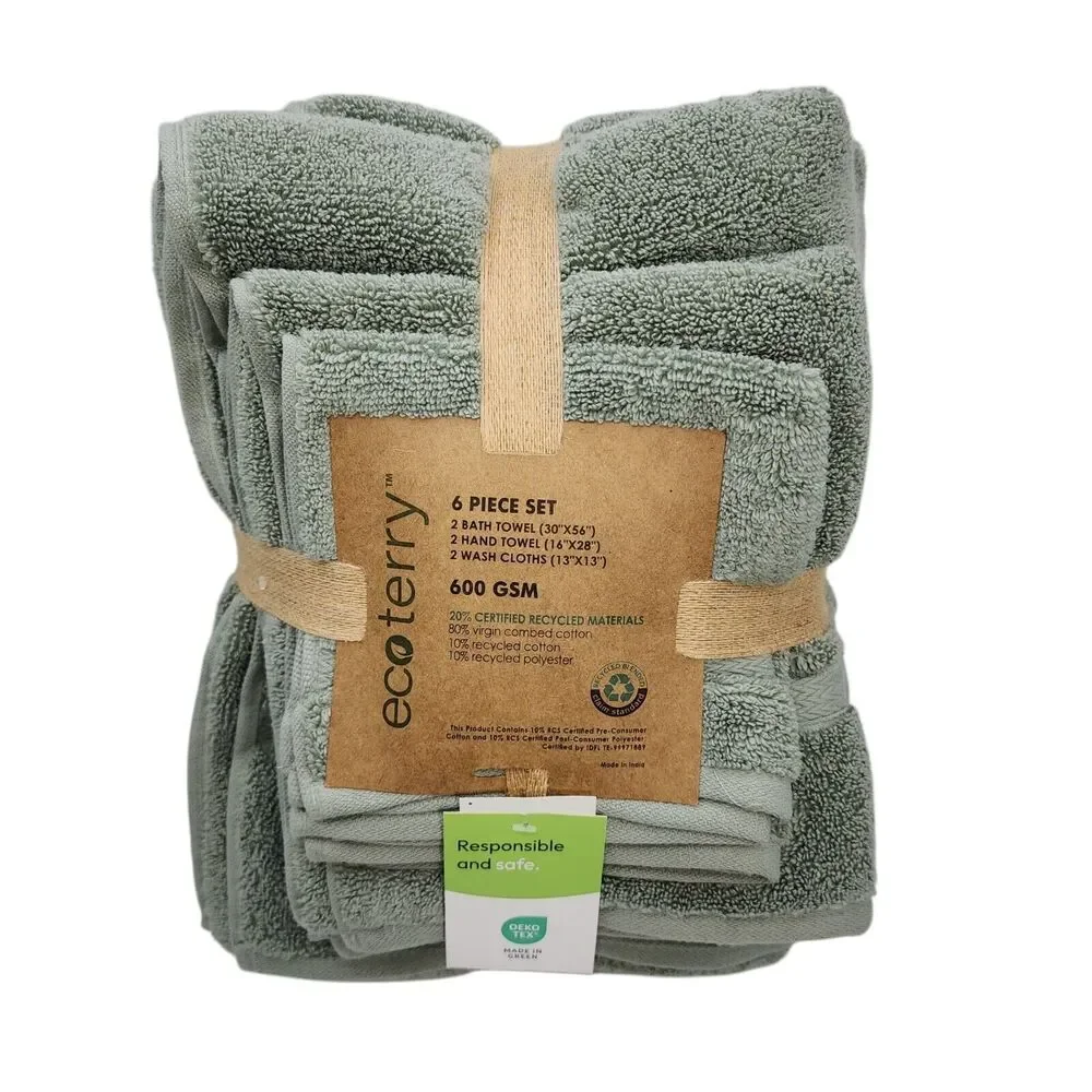 Ecoterry 6pc Dusty‎ Green Bath Towel Set 2 Bath 2 Hand 2 Washcloths